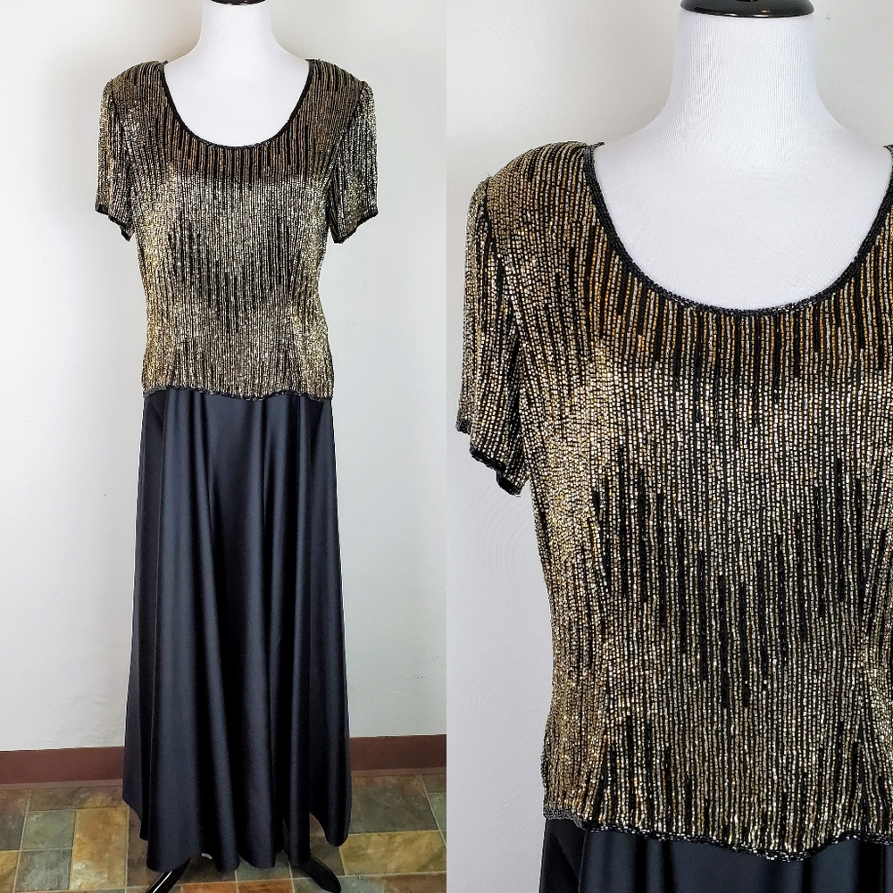 Vintage Beaded Dress Stenay Silk Long Evening Gown Art Deco Victorian Glam Black